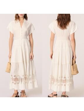 $600 MAJE Embroidered Viscose & Linen Maxi Dress w/ Cutout - EU 42 US XL *flawed